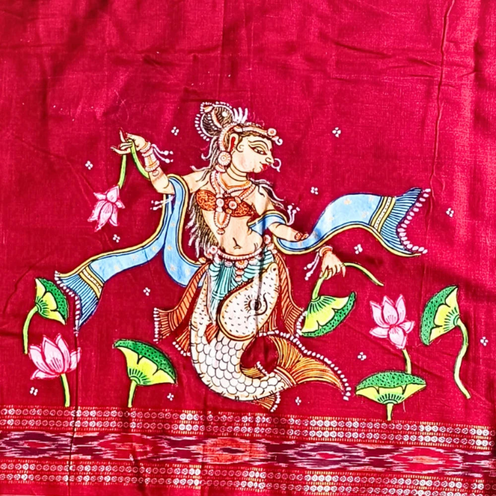 Hand-painted Pattachitra Matsya Kanya With Fish On Sleeves Blouse by Maavni