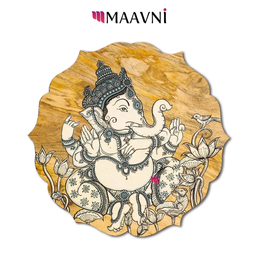Hand-painted Pattachitra Floral Shape Ganesha Wall Plate by Maavni