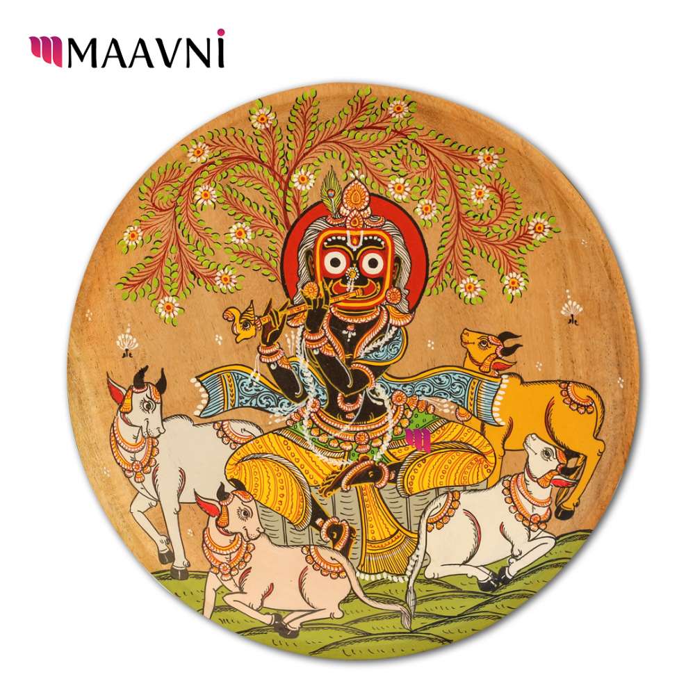 Hand-painted Pattachitra Kalia Thakur With Cows In Jungle Wall Plate by Maavni