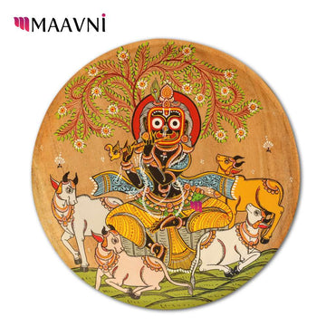 Hand-painted Pattachitra Kalia Thakur With Cows In Jungle Wall Plate by Maavni