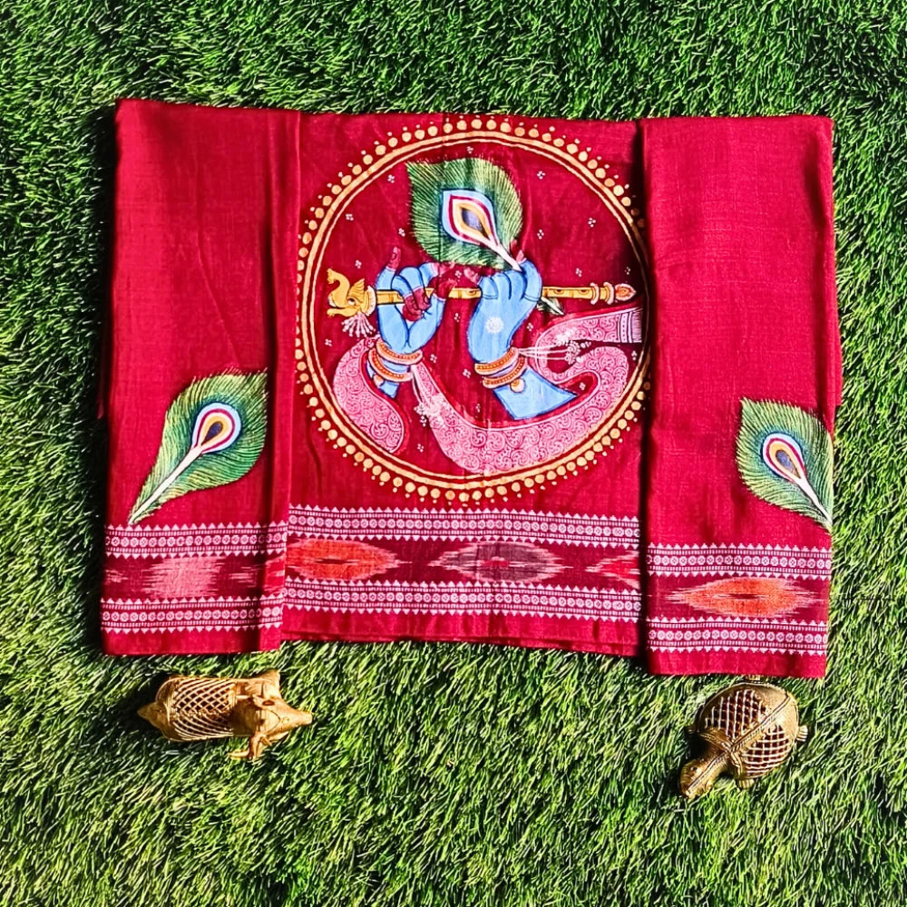 Hand-painted Pattachitra Krishna Hand With Bansuri Blouse by Maavni