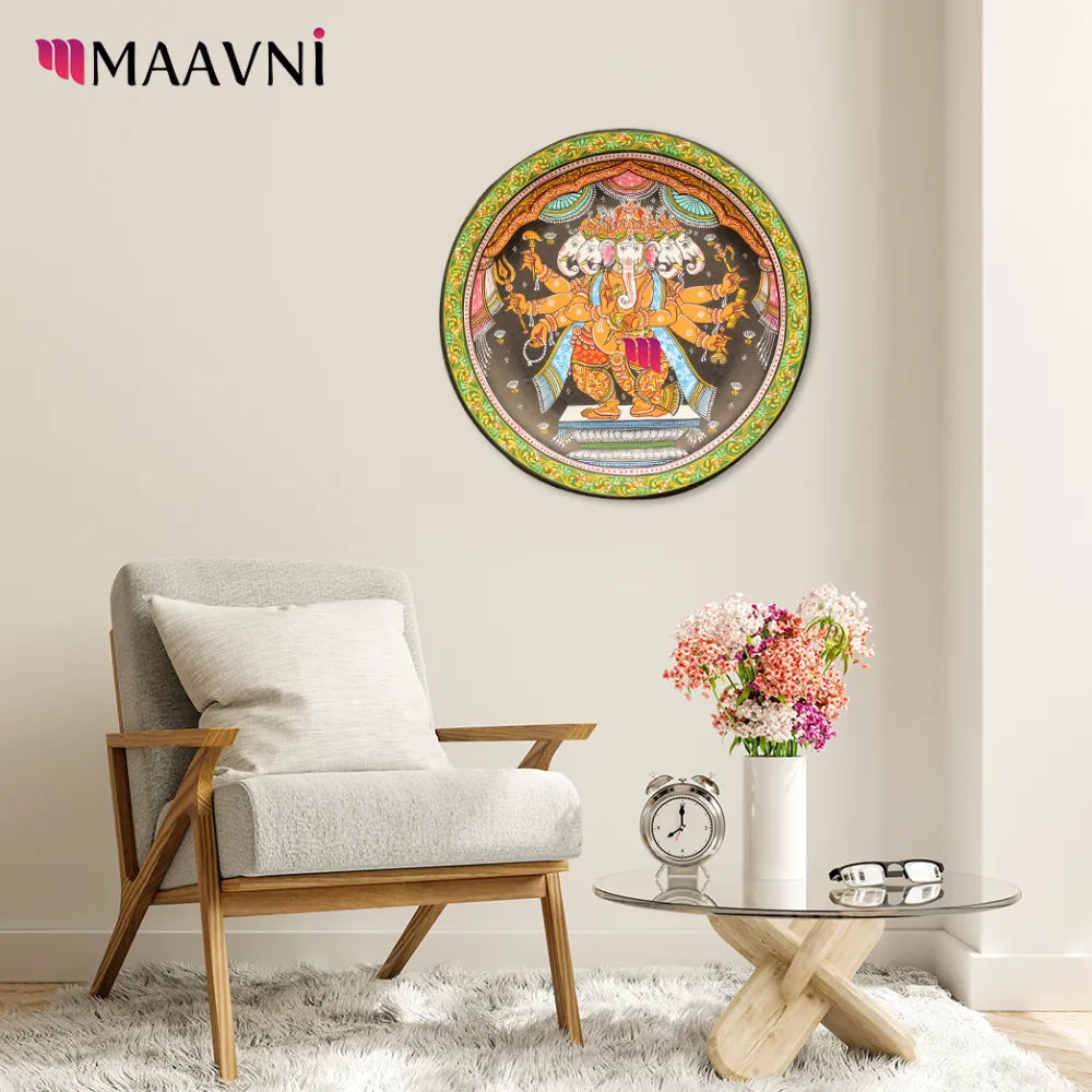 Hand-painted Pattachitra Panchamukhi Ganesha Wall Plate by Maavni