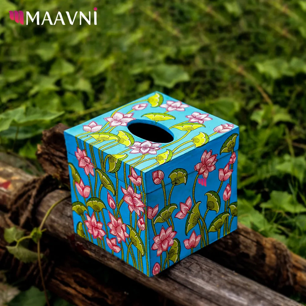 Hand-painted Pattachitra Lotus With Sky Background Tissue Box Decor by Maavni