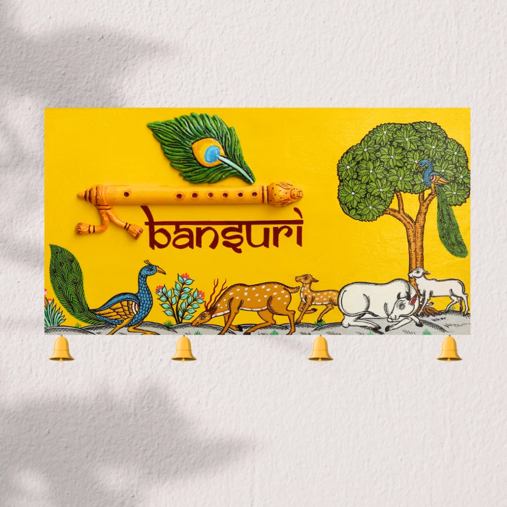 Hand-painted Pattachitra Peacock Feather And Bansuri Wall Plate by Maavni