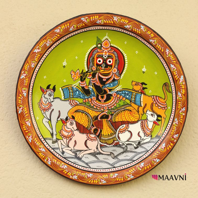 Hand-painted Pattachitra Jaga In Krishna Besha Wall Plate by Maavni