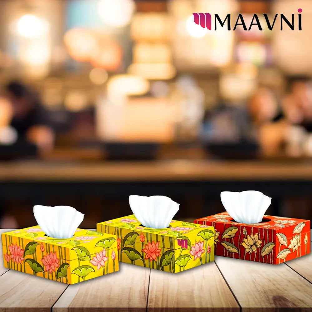 Hand-painted Pattachitra Lotus Theme Lightgreen Tissue Box Decor gallery image by Maavni