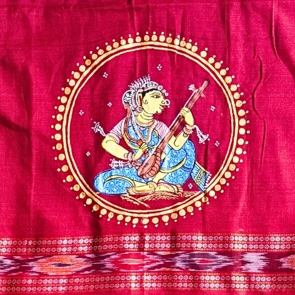 Hand-painted Pattachitra Lady Sitting And Holding Beena With Sitting Lady On Sleeves Blouse by Maavni
