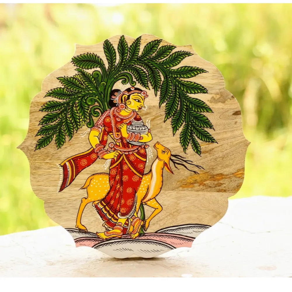 Hand-painted Pattachitra Floral Shape Deer With Girl Wall Plate gallery image by Maavni
