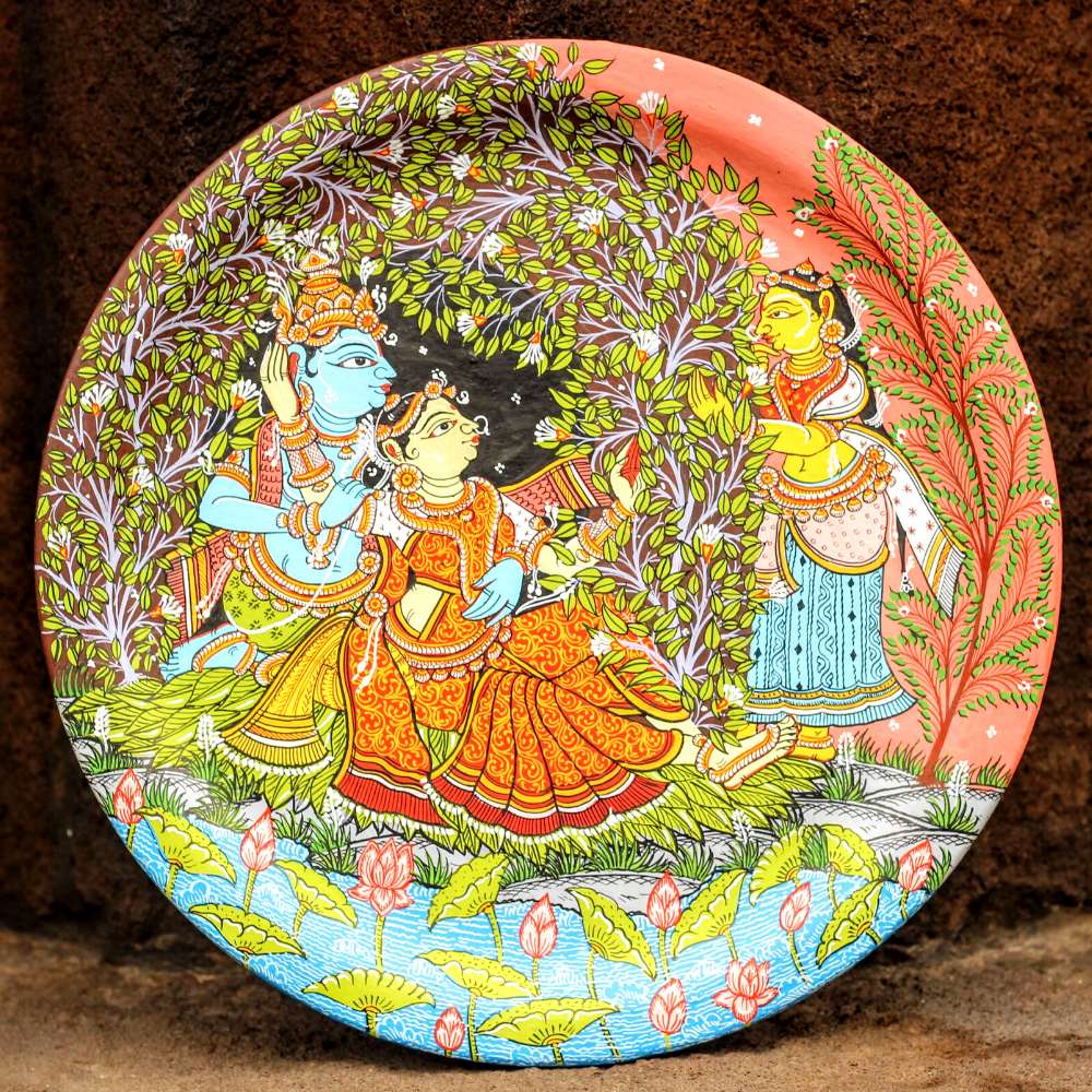 Hand-painted Pattachitra Radha Krishna In Jungle Wall Plate by Maavni