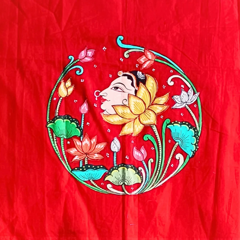 Hand-painted Pattachitra Lady Face In Between Lotus With Lotus On Sleeves Blouse by Maavni