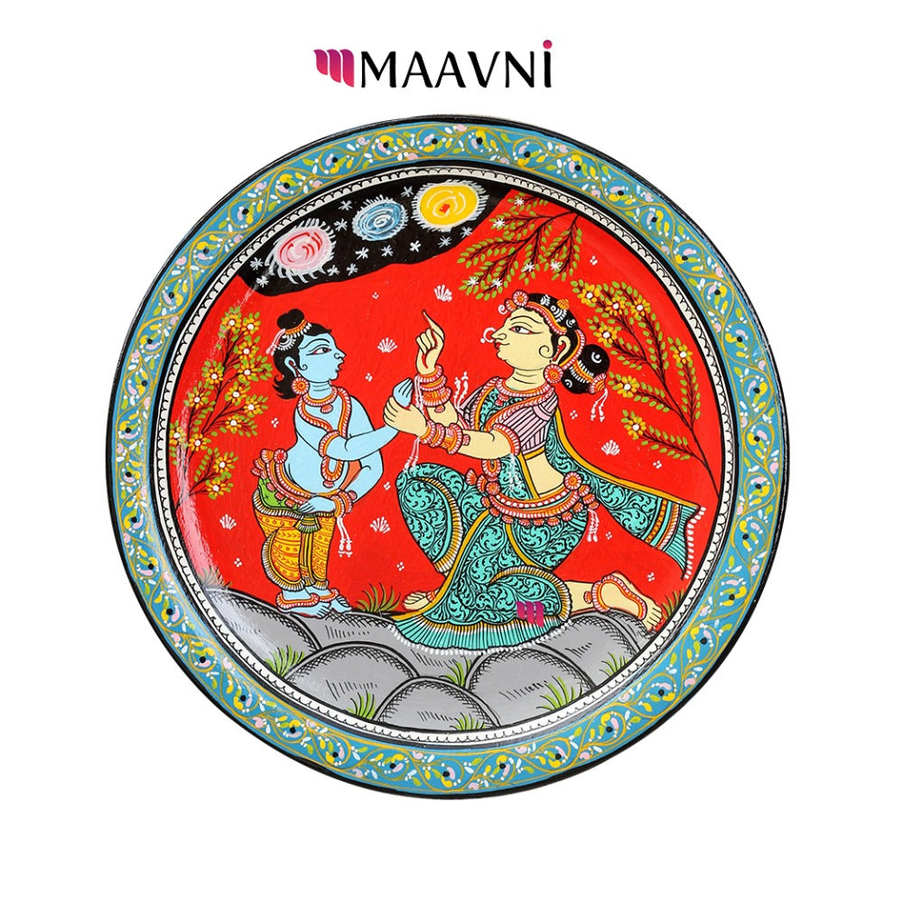 Hand-painted Pattachitra Krishna Yasoda Background Wall Plate by Maavni