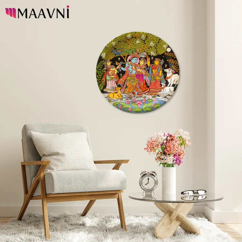 Hand-painted Pattachitra Radha Krishna Raasleela Wall Plate by Maavni