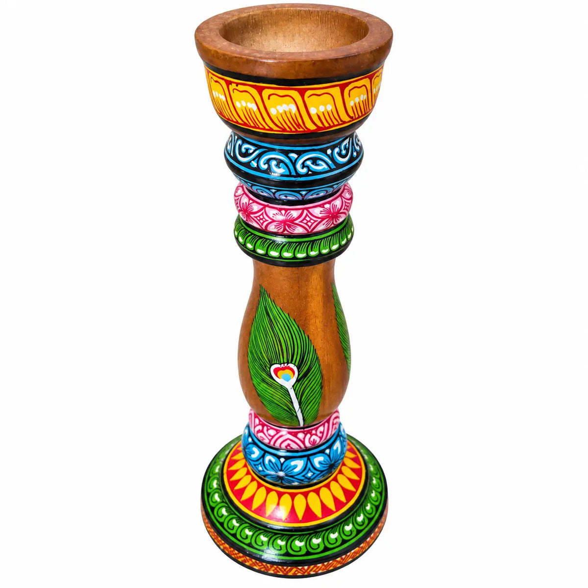Hand-Painted Pattachitra Wooden Candle Stand – Peacock Design