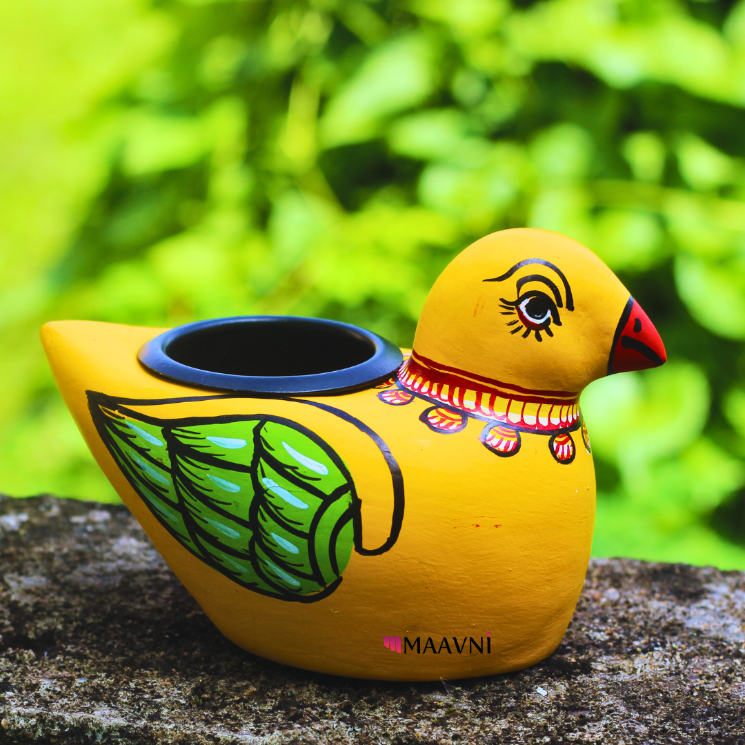 Hand-Painted Paper Mache Yellow Parrot T-Light Holder