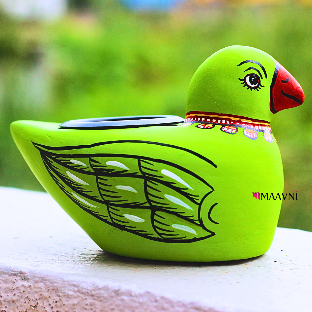 Hand-Painted Paper Mache Green Parrot T-Light Holder