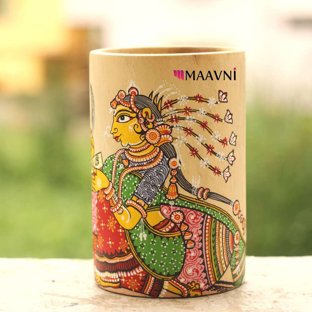 Hand-painted Pattachitra Lady Writing Jai Jaganath Pen Stand by Maavni