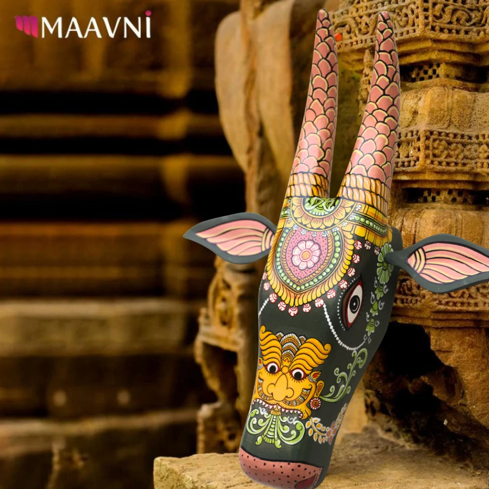 Hand-painted Pattachitra Cow Head Dark Hand Painted D Cor Painting by Maavni