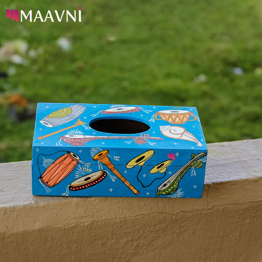 Hand-painted Pattachitra Musical Theme Sky Background Tissue Box Decor by Maavni