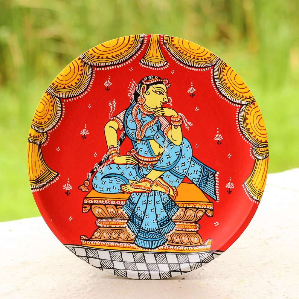 Hand-painted Pattachitra Lady Sitting Hand On Chin Wall Plate by Maavni