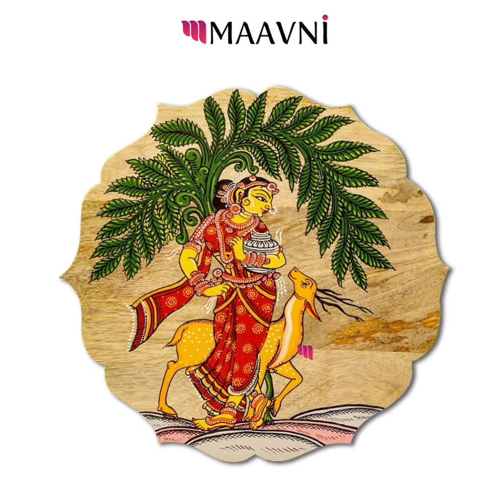 Hand-painted Pattachitra Floral Shape Deer With Girl Wall Plate by Maavni