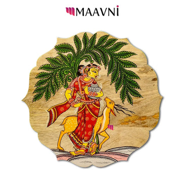 Hand-painted Pattachitra Floral Shape Deer With Girl Wall Plate by Maavni