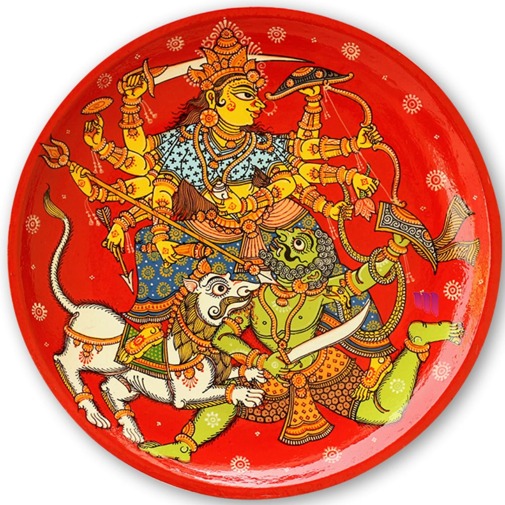 Hand-painted Pattachitra Durga Wooden Wall Plate by Maavni