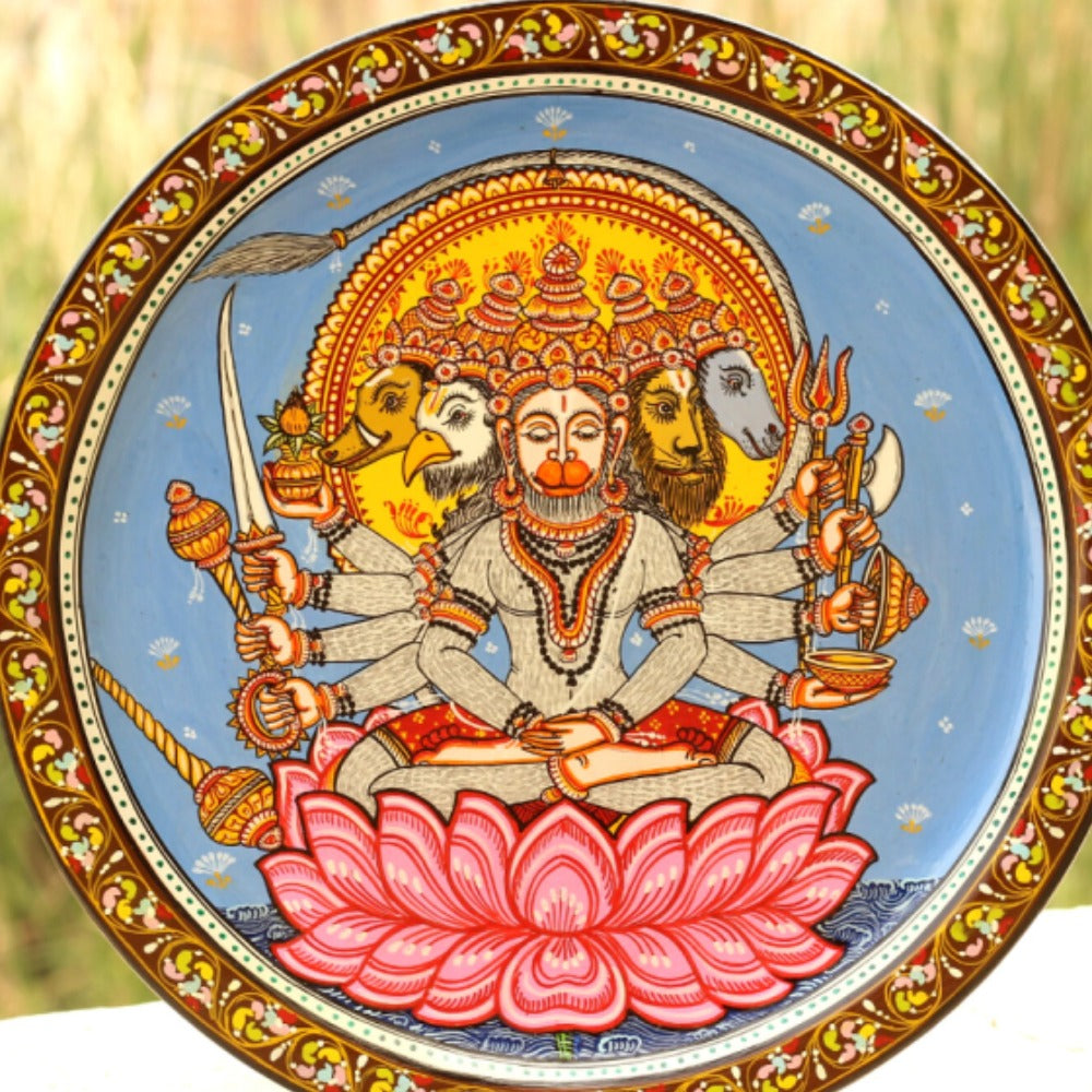 Hand-painted Pattachitra Panchamukhi Hanuman Wall Plate by Maavni