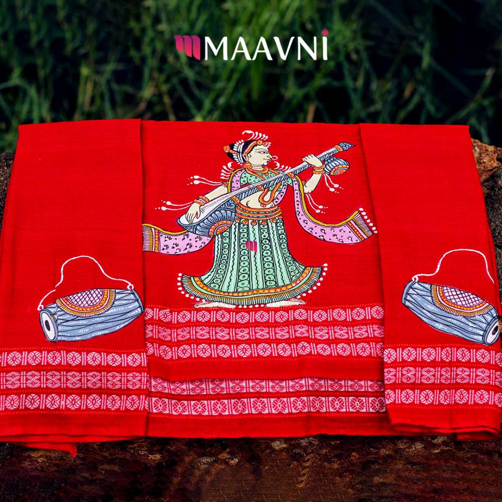 Hand-painted Pattachitra Lady And Musical Instrument Piece 1Mt Blouse by Maavni