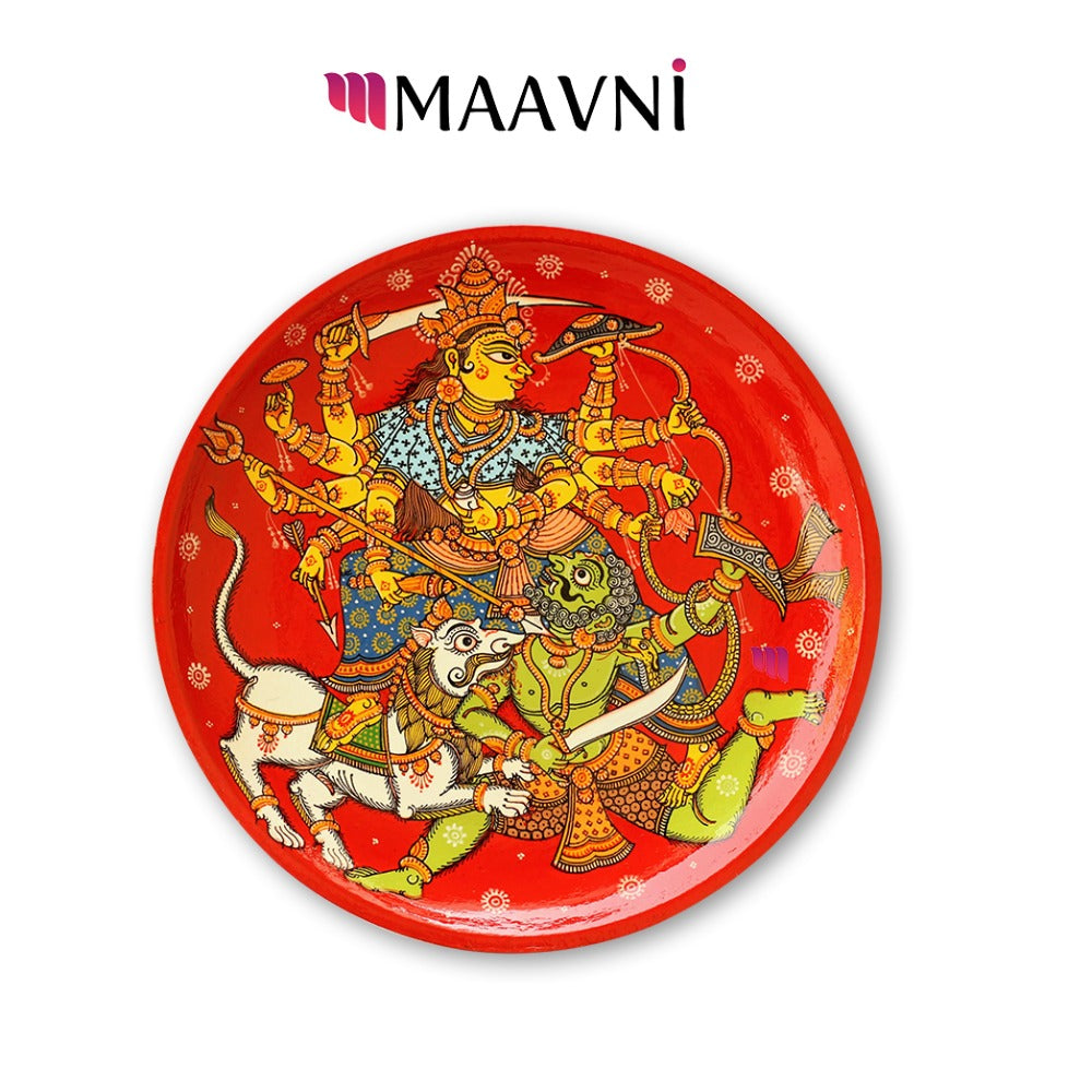 Hand-painted Pattachitra Durga Wooden Wall Plate by Maavni