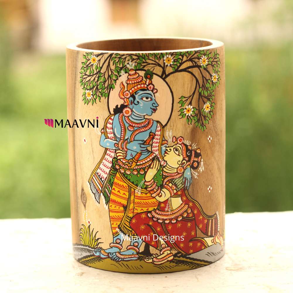 Hand-painted Pattachitra Radha Sitting At Krishna Feet Brush Painting by Maavni
