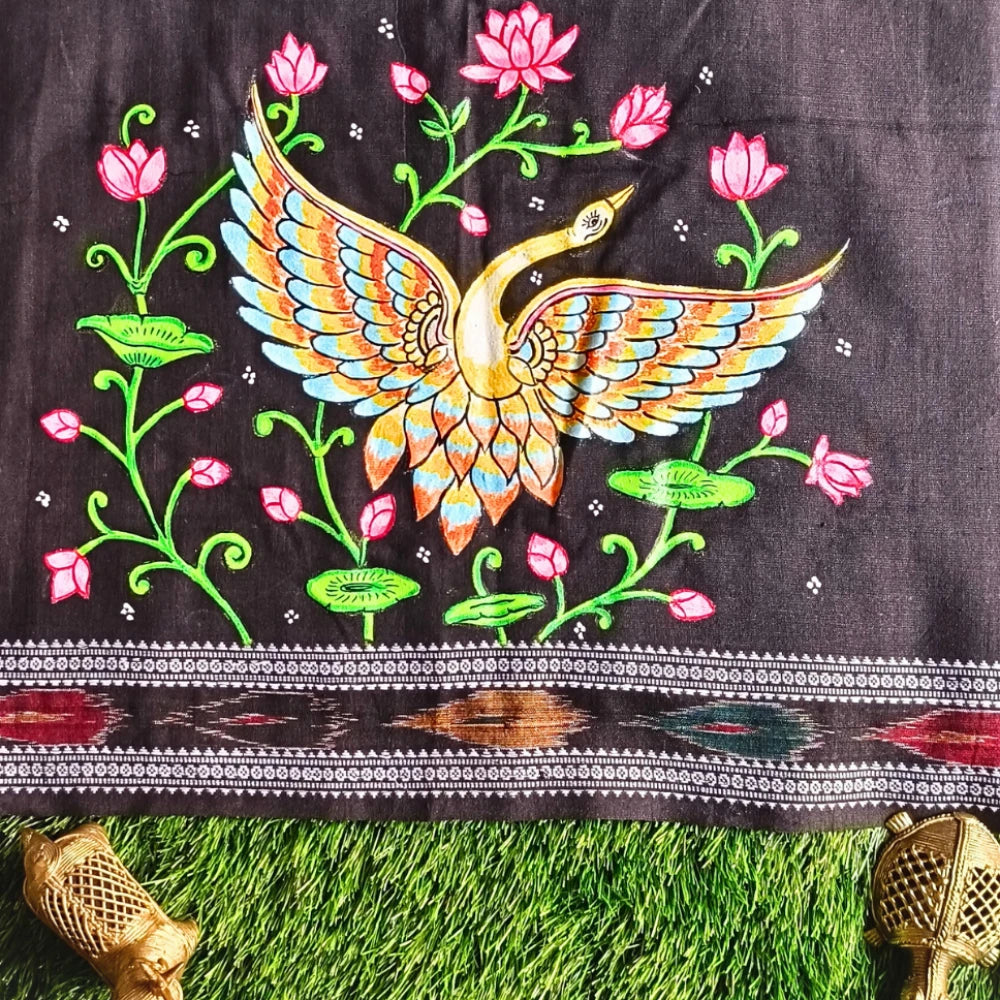 Hand-painted Pattachitra A Flying Bird In Betweeen Lotus With Lotus On Sleeves Blouse by Maavni