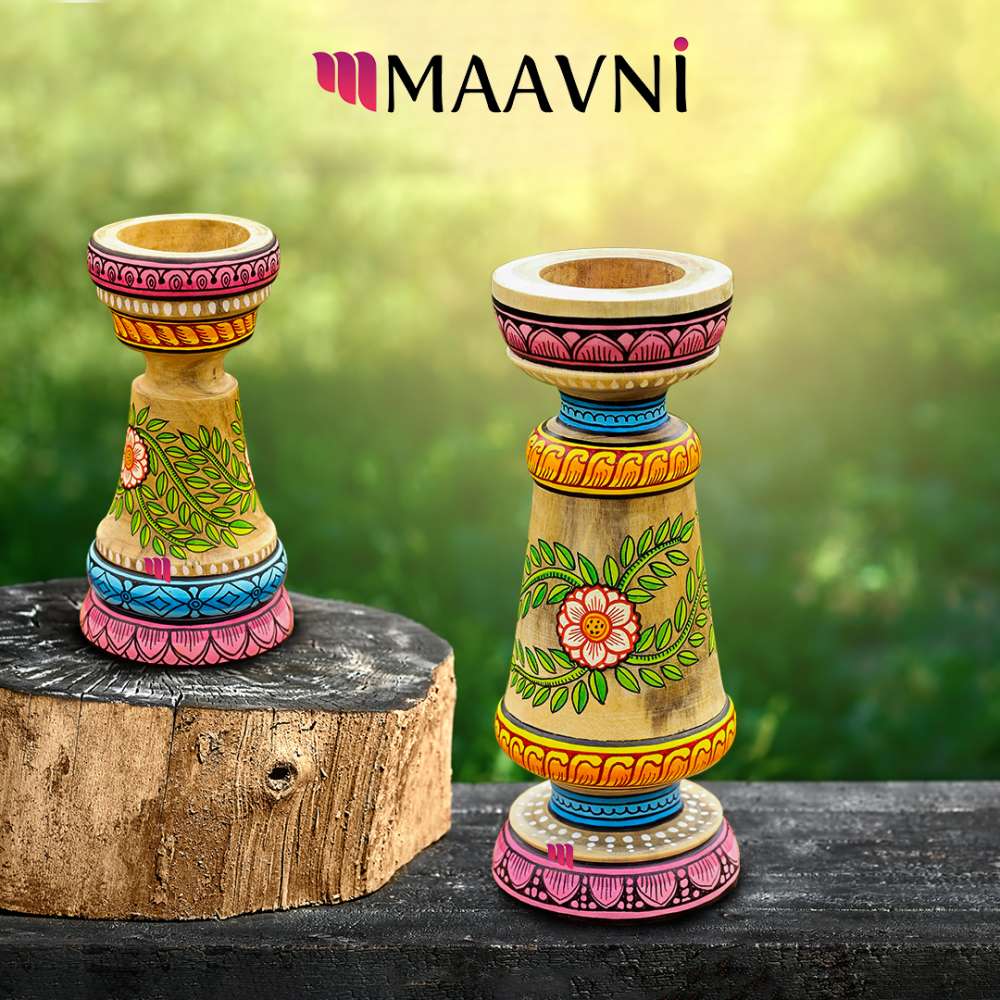 Hand-painted Pattachitra Floral Candle Pair Festive Decor by Maavni