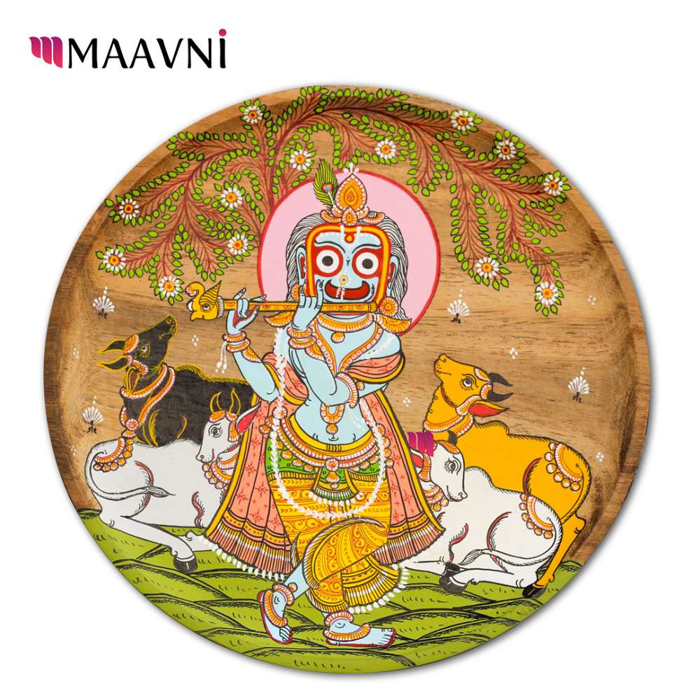 Hand-painted Pattachitra Krishna And Cows In Jungle Wall Plate by Maavni