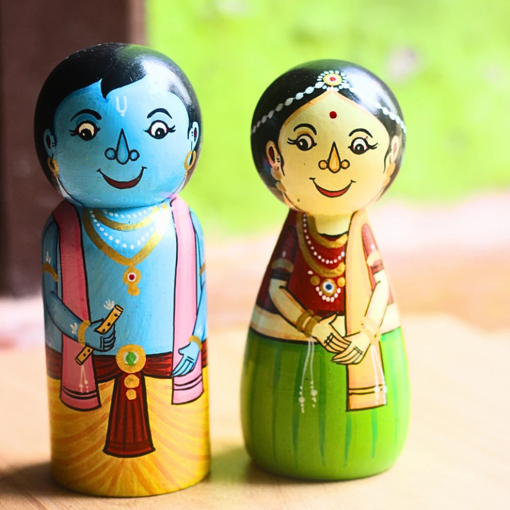 Hand-painted Pattachitra Radha Krishna Wooden Doll Festive Decor by Maavni