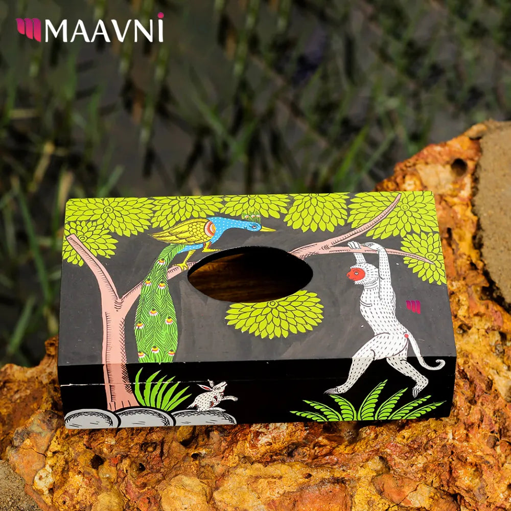 Hand-painted Pattachitra Jungle Theme Style Tissue Box Decor by Maavni