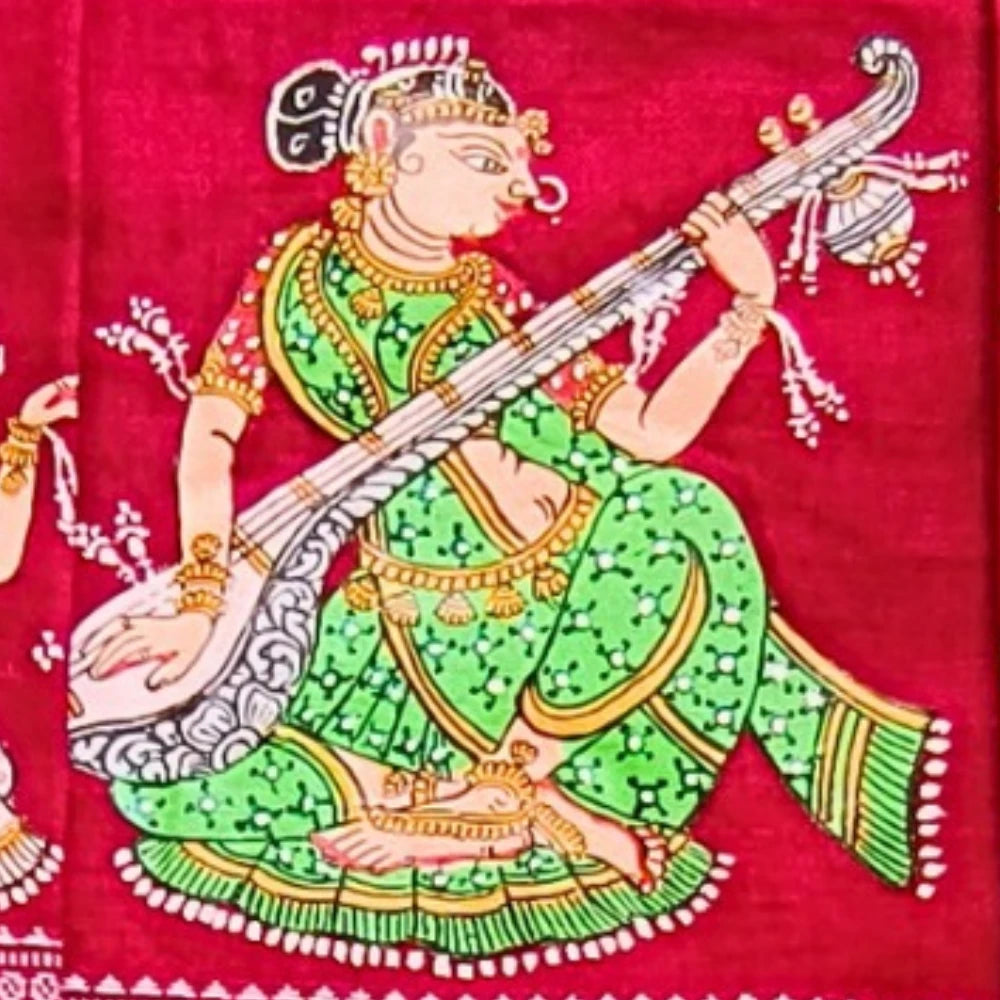 Hand-painted Pattachitra Lady Sitting And Holding Veena With Sitting Lady On Sleeves02 Blouse by Maavni