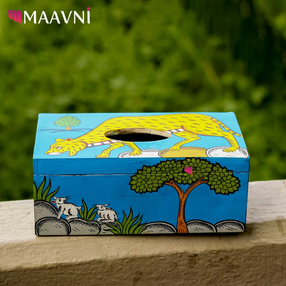 Hand-painted Pattachitra Jungle Tiger Tissue Box Decor by Maavni