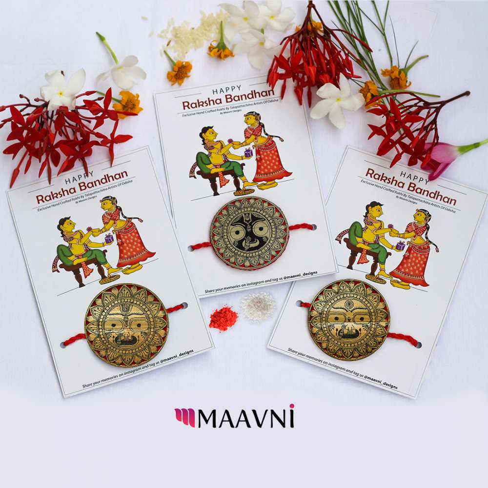 Hand-painted Pattachitra Jaganath Subhdra And Balaram Rakhi For Lords Festive Decor by Maavni