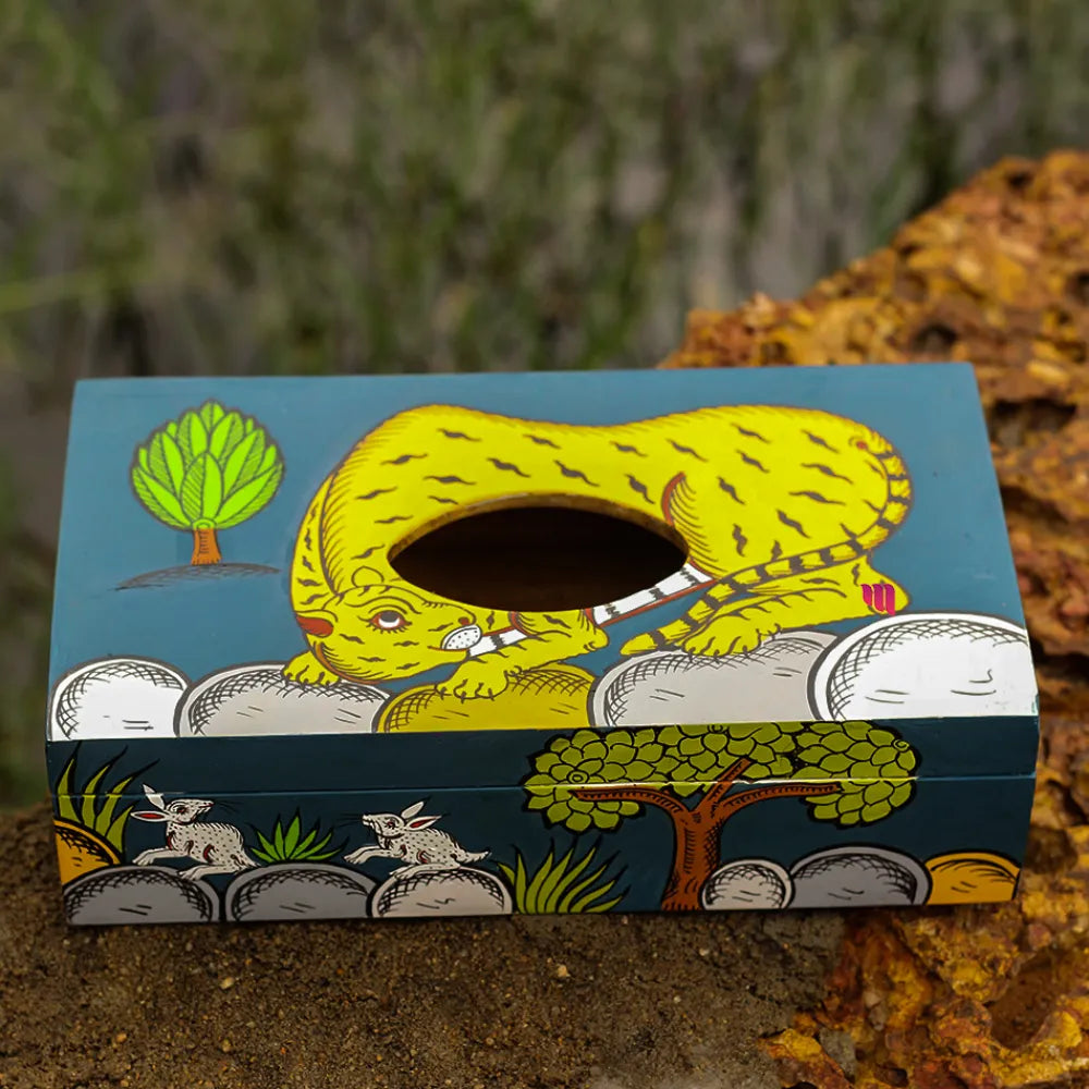 Hand-painted Pattachitra Tiger Theme Tissue Box Decor by Maavni