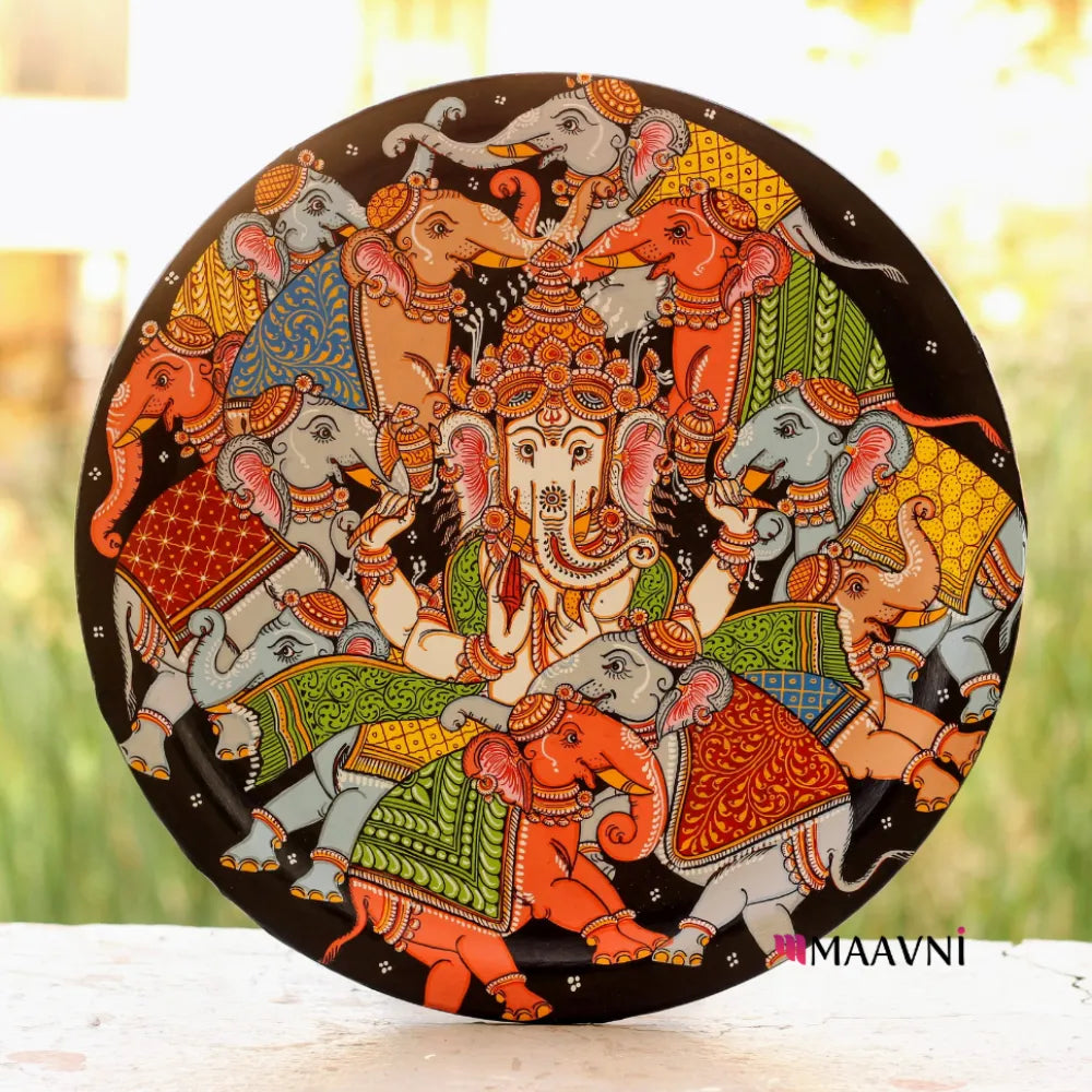 Hand-painted Pattachitra Ganesha With Elephants Wall Plate by Maavni