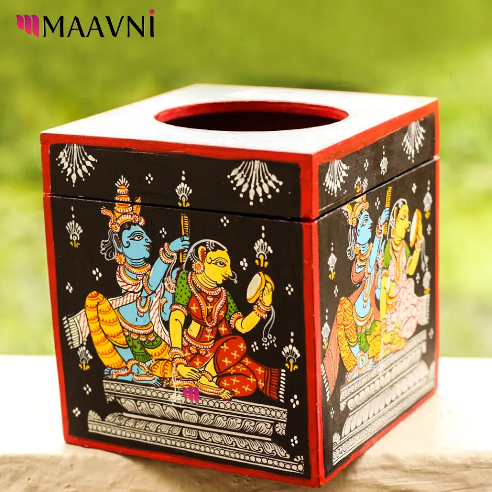 Hand-painted Pattachitra Radha Krishna Style Square Tissue Box Decor by Maavni