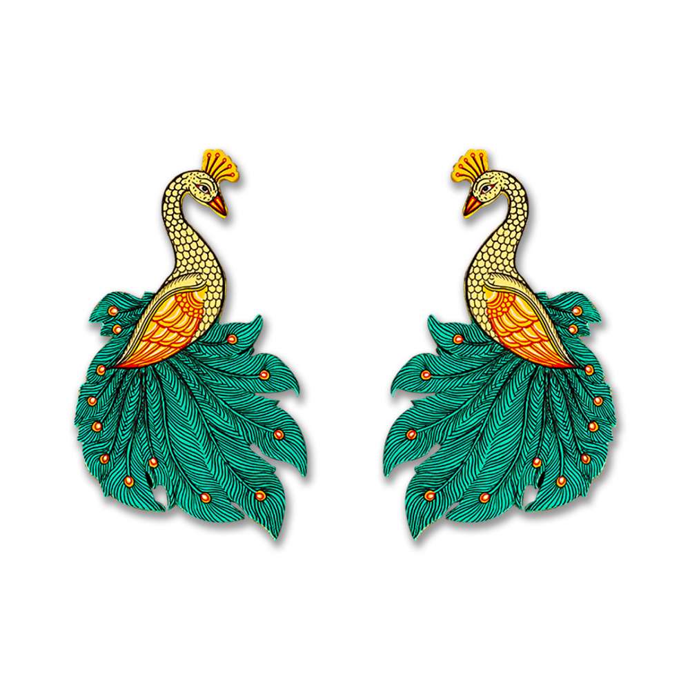 Hand-painted Pattachitra Seagreen Peacock Pair Cutouts Decor by Maavni