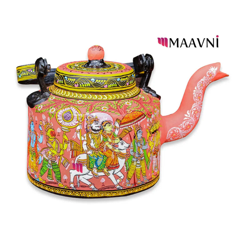 Hand-painted Pattachitra Shiva Vivah Theme Peach Kettle gallery image by Maavni