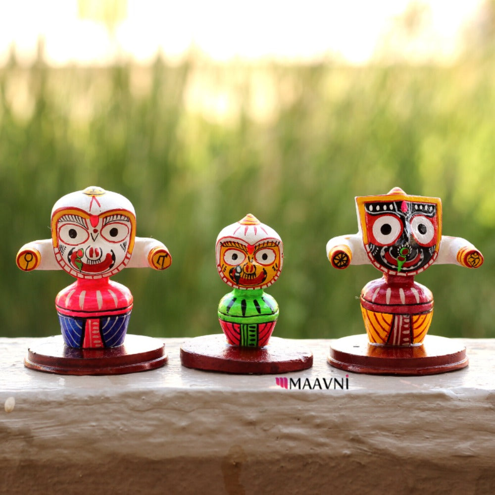 Hand-painted Pattachitra Small Shri Jaganath Murthi Set Marble Dust Decor by Maavni