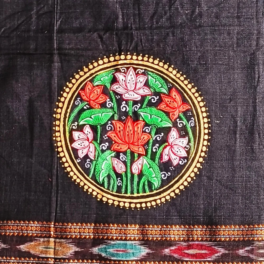 Hand-painted Pattachitra Lotus Theme With Lotus On Sleeves Blouse by Maavni