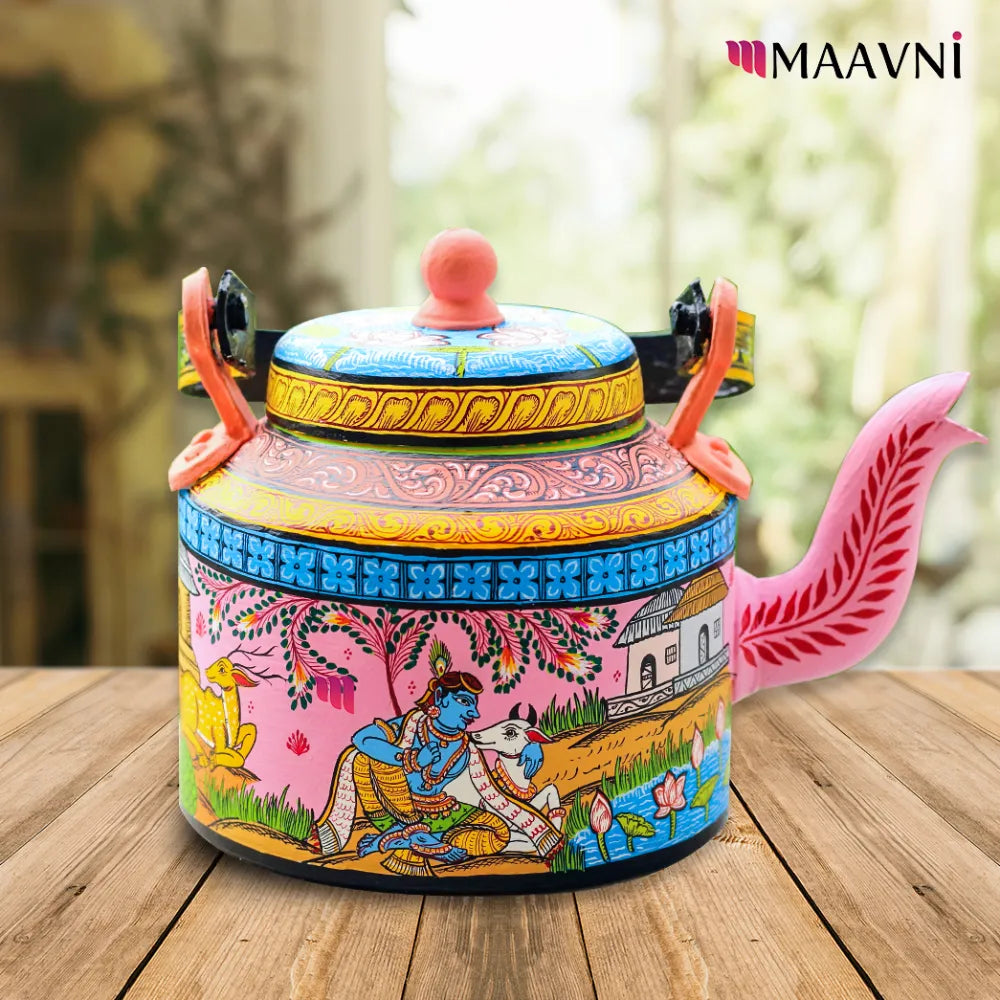 Hand-painted Pattachitra Krishna Leela Theme Kettle gallery image by Maavni