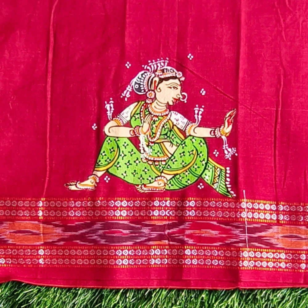 Hand-painted Pattachitra Lady Sitting And Holding Beena With Sitting Lady On Sleeves Blouse gallery image by Maavni