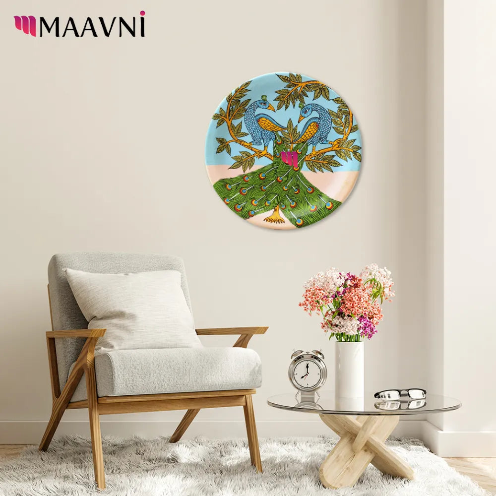 Hand-painted Pattachitra Peacock Twins Wall Plate gallery image by Maavni