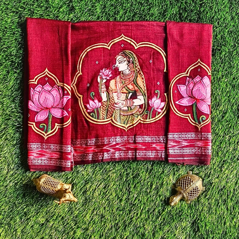 Hand-painted Pattachitra Maharani Holding Lotus With Lotus On Sleeves Blouse by Maavni