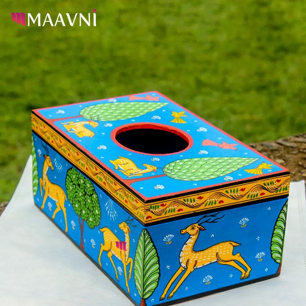 Hand-painted Pattachitra Deer Theme Style Rectangle Tissue Box Decor by Maavni